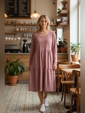 Twigg & Feather Pink Babydoll Midi Dress Bamboo Cotton Tiered Stretch L Normcore